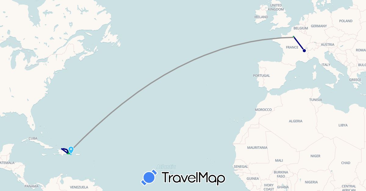 TravelMap itinerary: driving, bus, plane, hiking, boat in Dominican Republic, France (Europe, North America)