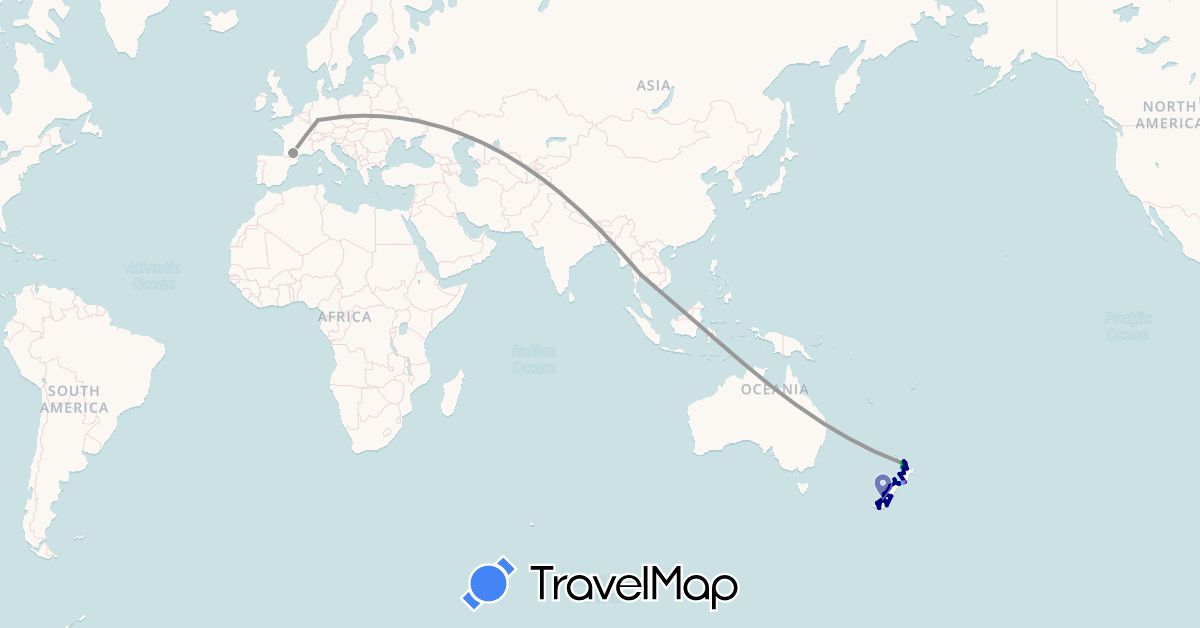 TravelMap itinerary: driving, bus, plane, train, boat in Germany, France, New Zealand, Thailand (Asia, Europe, Oceania)